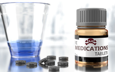 Medications as harmful, negative and damaging aspect of life, unhealthy poison to the soul that affects people mind and body, harms mental health, symbolized as a bad medicine, 3d illustration