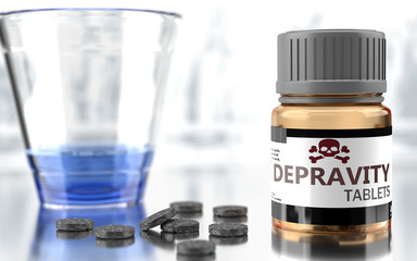 Depravity as harmful, negative and damaging aspect of life, unhealthy poison to the soul that affects people mind and body, harms mental health, symbolized as a bad medicine, 3d illustration