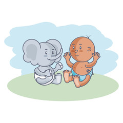 cute elephant with baby boy isolated icon