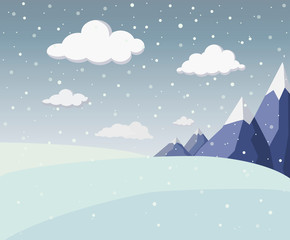 flat winter landscape with ice mountains, snowy fields, hills , fluffy clouds. Cute flat snowfall scene with mountains. Winter outdoor rural background. snow or cold season horizontal banner.