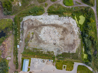 Aerial view of a landfill with various non-degradable things that pollute the environment and...