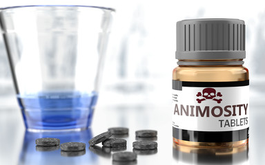 Animosity as harmful, negative and damaging aspect of life, unhealthy poison to the soul that affects people mind and body, harms mental health, symbolized as a bad medicine, 3d illustration