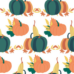 Autumn pumpkins and leaves in a seamless pattern design