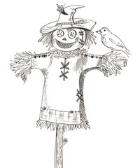 Cartoon scarecrow with bird on white background