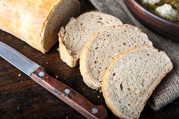 chopped bread on a wooden board