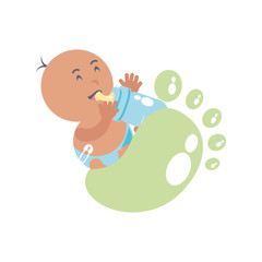 cute baby boy with bottle milk and footprint decoration