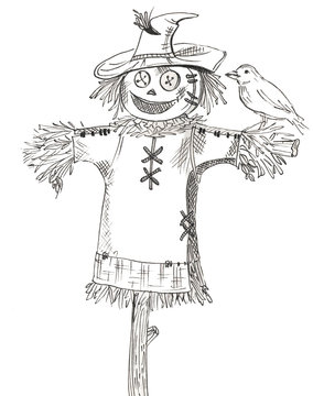 Cartoon scarecrow with bird on white background