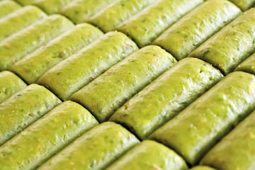 turkish pistachio paste rolls baklava dessert