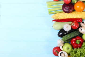vegetables on a colored background top view. Place to insert text
