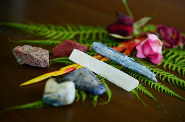 Assortment of healing crystals, like selenite, blue kyanite, red jasper, unakite, and sodalite! Macro photography of high energy, healing stones. Reiki energy healing talisman. 
