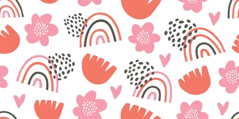 Abwaschbare Fototapete Blümchenmuster Nahtloses Muster mit Regenbogen, Herzen, Blumen