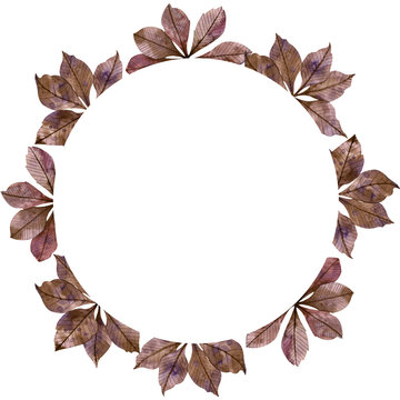 Autumn season watercolor circular frame: colorful purple fall leaves, maple tree branches isolated on white background.