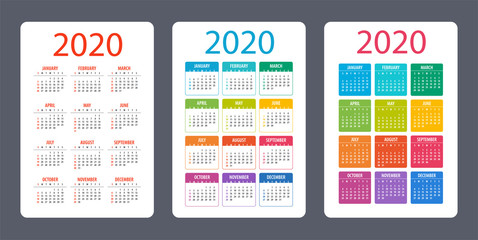Calendar set 2020 - illustration. Week starts on Sunday