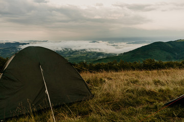 Tent in mountain scenery, Gorgany Mountains, Eastern Carpathian, Ukraine