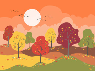 Panoramic of Countryside landscape in autumn with colour trend 2019, Vector illustration horizontal banner of panorama mountains field and autumn forst with leaves falling on the ground