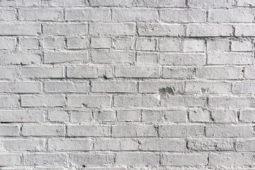 A beautiful horizontal texture of part of an old brick wall painted white color on the photo