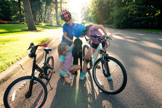 Children Riding Bikes And Walking Dog In Neighborhood