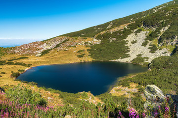 Mountain summer landscape panoramic view with beautiful Yonchevo lake, Rila national park, Bulgaria
