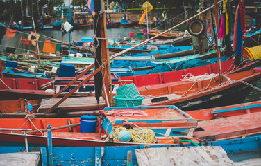 Fishery wooden boat at the shore seascape.