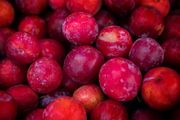 Plum fruits group in the market.