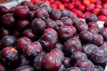 Plum fruits group in the market.