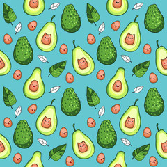 Materiał do szycia Vector seamless pattern with avocado fruit on a blue background, kawaii style