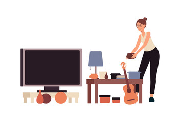 People at second hand shop or flea market flat banner vector illustration isolated.