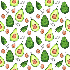 Vector seamless pattern with avocado fruit on a white background, kawaii style
