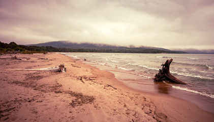 Low clouds and driftwood on the coast of Lake Superior at Neys Provincial Park in Ontario, Canada