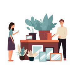 People at second hand shop or flea market flat banner vector illustration isolated.