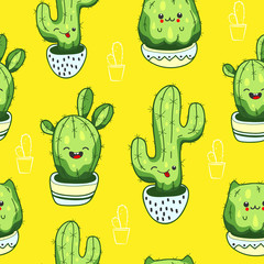 Seamless pattern with cute kawaii cactus and succulents with funny faces in pots. Yellow background. Vector illustration
