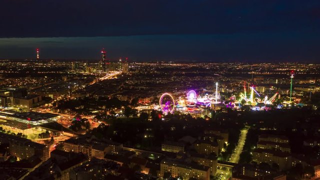 night illumination vienna riverside cityscape adventure park aerial panorama 4k timelapse austria 