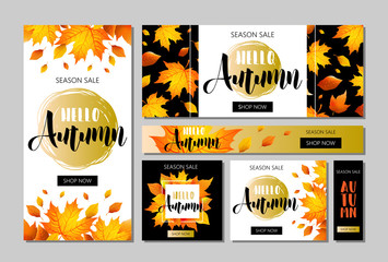 Set of Autumn sale flyer template with lettering, orange leaves. Fall promotion. Poster, banner, card, label, and other design. Vector illustration
