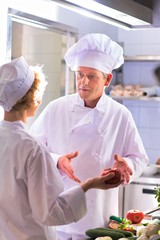 Mature chefs discussing ingredients while standing at kitchen restaurant