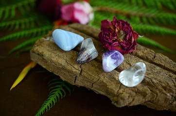 Set of 4: Lithium Quartz, Chevron Amethyst, Clear Quartz and Blue Lace Agate. Witches tumbled crystal bundle! Tumbled healing crystals set. Collection of a variety of crystals, boho decor.