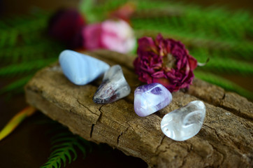 Set of 4: Lithium Quartz, Chevron Amethyst, Clear Quartz and Blue Lace Agate. Witches tumbled crystal bundle! Tumbled healing crystals set. Collection of a variety of crystals, boho decor.