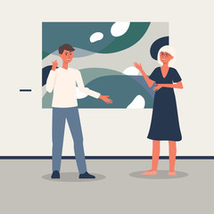People visiting art gallery or museum exhibition cartoon flat vector illustration.