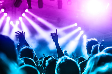 Shot taken inside a concert hall, people are visible in front of the stage, clapping and raising their hands