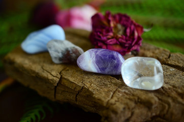 Set of 4: Lithium Quartz, Chevron Amethyst, Clear Quartz and Blue Lace Agate. Witches tumbled crystal bundle! Tumbled healing crystals set. Collection of a variety of crystals, boho decor.