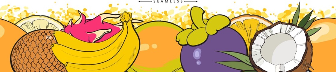 Exotic fruits seamless pattern or border sketch vector illustration isolated.