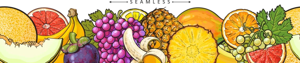 Fotobehang Seamless pattern with tropical exotic fruits sketch vector illustration isolated. © sabelskaya