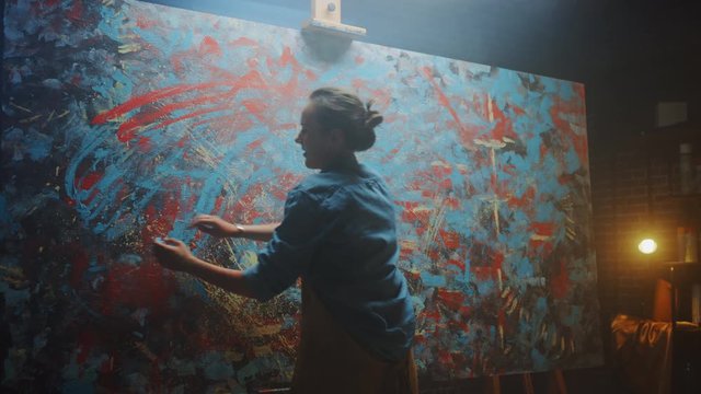Talented Innovative Female Artist Draws with Her Hands on the Large Canvas, Using Fingers She Creates Colorful, Emotional, Sensual Oil Painting. Contemporary Painter Creating Modern Art