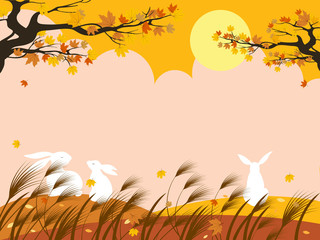 Cute cartoon Mid Autumn landscape with copy space, Vector Autumn with full moon and rabbits, Autumn or Fall for Banner, Sale, Card and template background 