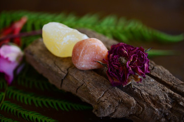 Set of 2 Adorable Orange Calcite. Crystals for sexuality, creativity, and optimism! Light orange calcite, Raw Calcite and Tumbled Calcite! Natural lighting, macro photography. Reiki energy healing.