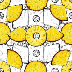 Tropical pineapple or ananas slices seamless pattern sketch vector illustration.