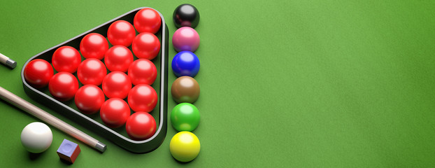 Snooker balls set on green felt, view from above. 3d illustration - obrazy, fototapety, plakaty
