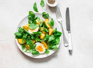 Baked potato, boiled egg and spinach salad on light background, top view