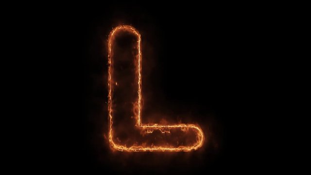 Alphabet L Word Hot Animated Burning Realistic Fire Flame and Smoke Seamlessly loop Animation on Isolated Black Background. Fire Word, Fire Text, Flame word, Flame Text, Burning Word, Burning Text.
