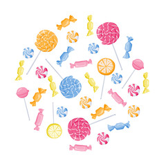 Candies, lollipop circle frame composition vector illustration