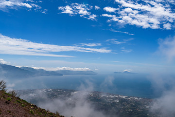 Panoramic view of Naples Gulf from Mount Vesuvius, Italy, selective focus